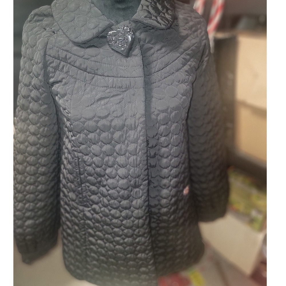 Betsey Johnson Black Quilted Heart Button Jacket Peter Pan Collar Womens XS